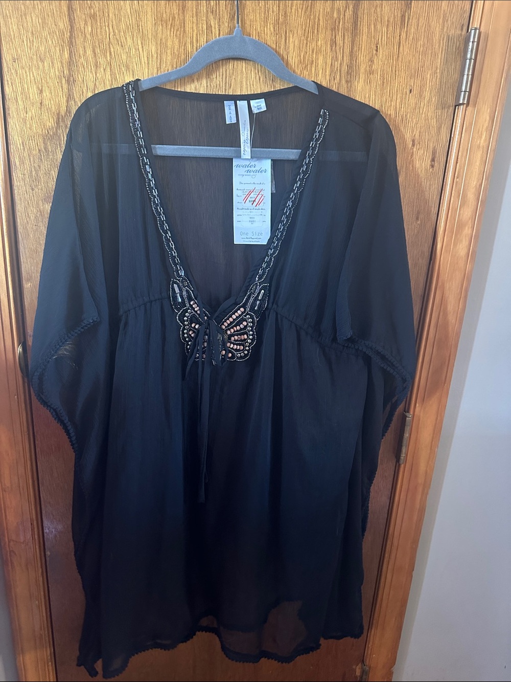 One-Size Black Embellished V-Neck Swim Coverup by